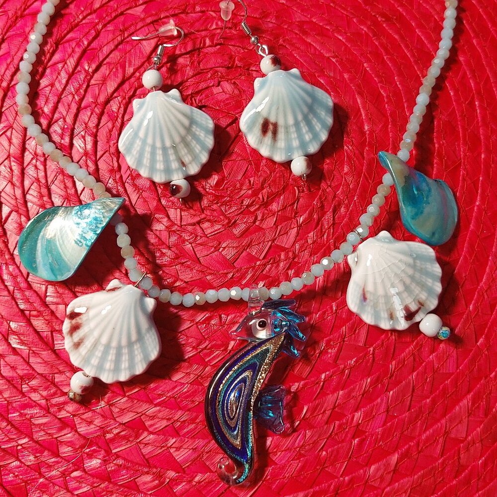 Handmade Sea Theme Necklace and Earrings Set , Seahorse with seashells  Abalone